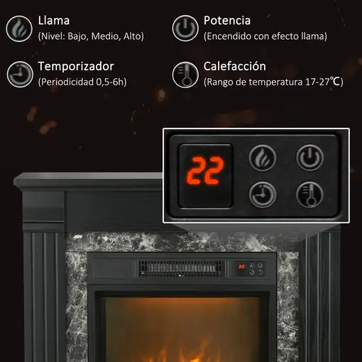 Chimenea Eléctrica 1800W con Efecto de Llama para Sala 30 m² Negro HOMCOM