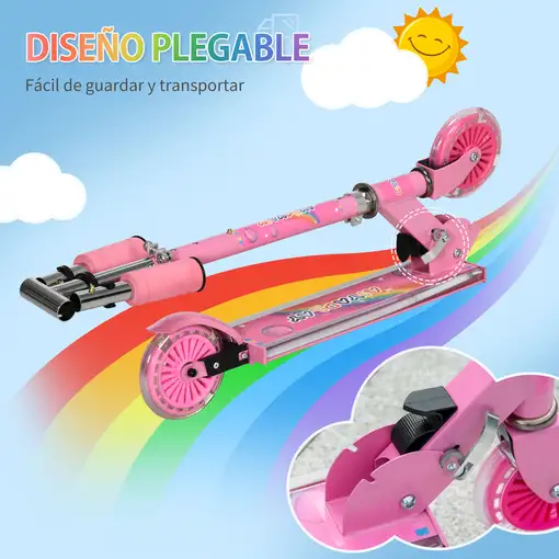 Patinete para Niños Plegable con Luces Música 67x32x65-78 cm Rosa HOMCOM