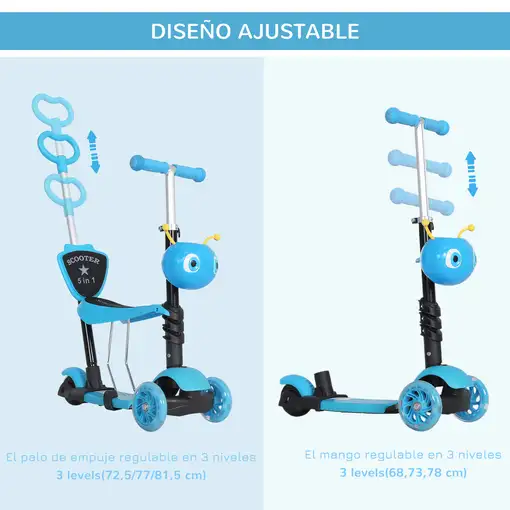 3 en 1 Patinete para Niños +18 Meses Asiento Extraíble 62x25x72,5cm Azul HOMCOM