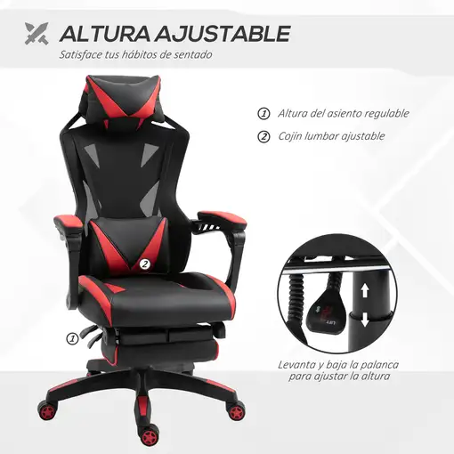 Silla Gaming Ergonómica Oficina Respaldo Regulable 65x70x117-125cm Rojo Vinsetto