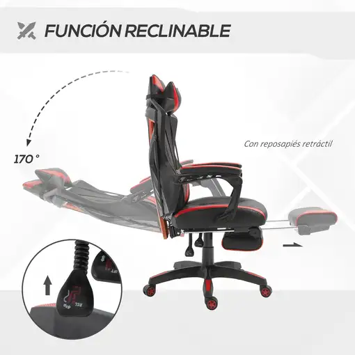 Silla Gaming Ergonómica Oficina Respaldo Regulable 65x70x117-125cm Rojo Vinsetto