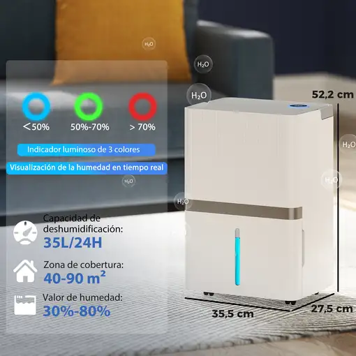 Deshumidificador 35L/Día para 40-90 ㎡ Depósito 5,5 Litros Blanco HOMCOM