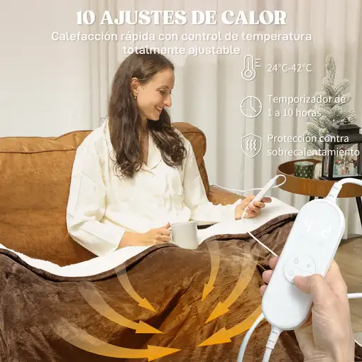 Manta eléctrica marrón, 120 W, 10 temperaturas, 180x130 cm, 810-033V90BN HOMCOM