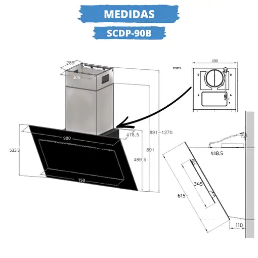 Sauber SCDP90B De pared Negro A 800 m³/h