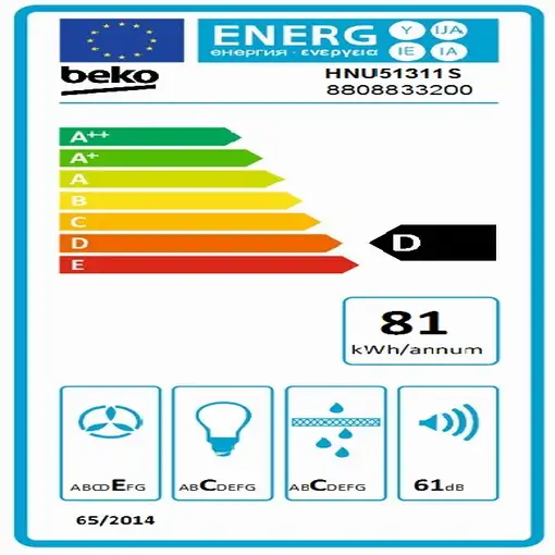 Beko HNU51311S campana Telescópica o extraplana Plata 381 m³/h