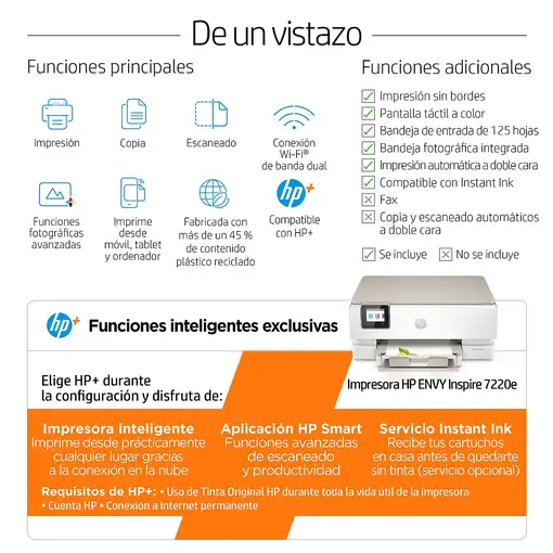 HP ENVY Inspire 7220e Inalámbrico All-in-One Color Impresora, Instant Ink; Fotocop