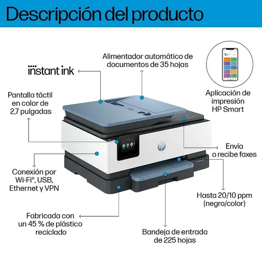 HP OfficeJet Pro 8125e Inalámbrico All-in-One Color Impresora, Servicio Instant In