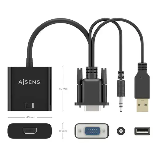 AISENS Cable conversor SVGA+Audio a HDMI, SVGA/M+Jack 3.5/M+USB-A/M-HDMI A/H, Negr