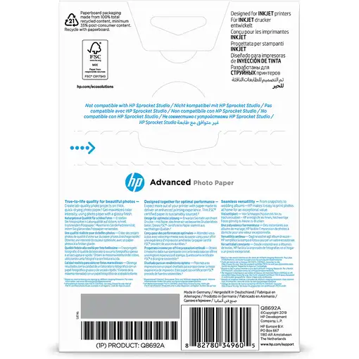 HP Papel fotográfico Advanced, brillante, 250 g/m2, 10 x 15 cm (101 x 152 mm), 100