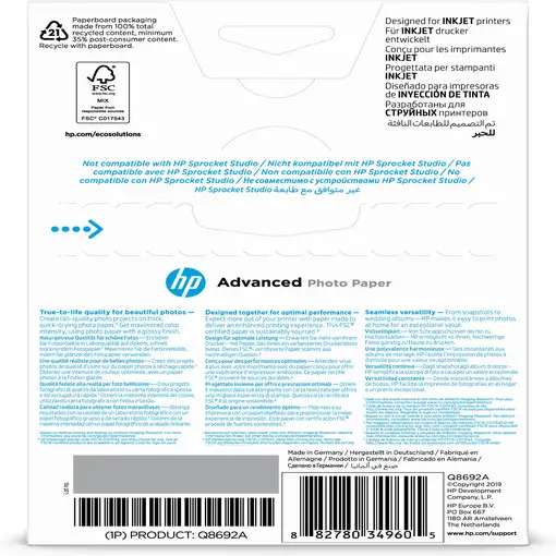 HP Papel fotográfico Advanced, brillante, 250 g/m2, 10 x 15 cm (101 x 152 mm), 100